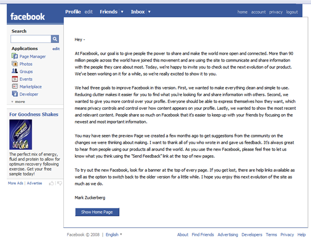 facebook redesign letter
